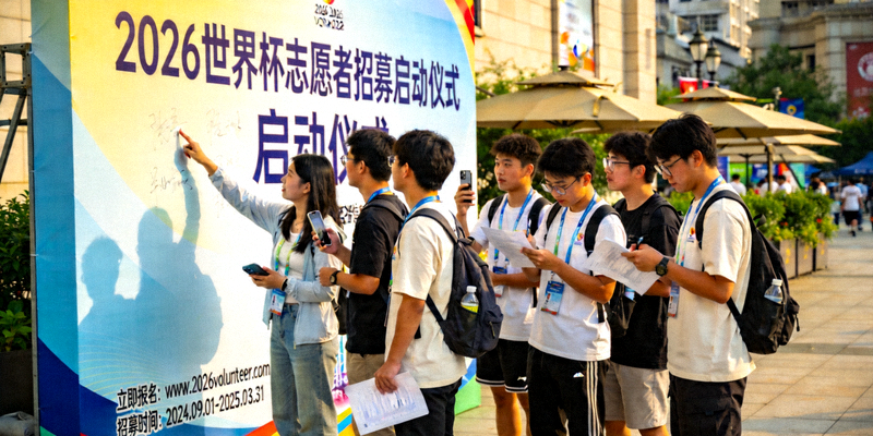 2026世界杯志愿者招募启动仪式 - 年轻人聚集在招募海报前